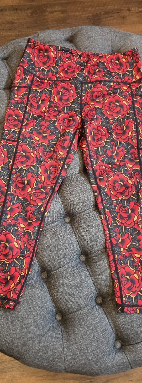 Constantly Varied Gear Red and Yellow Rose-Print Capri Leggings